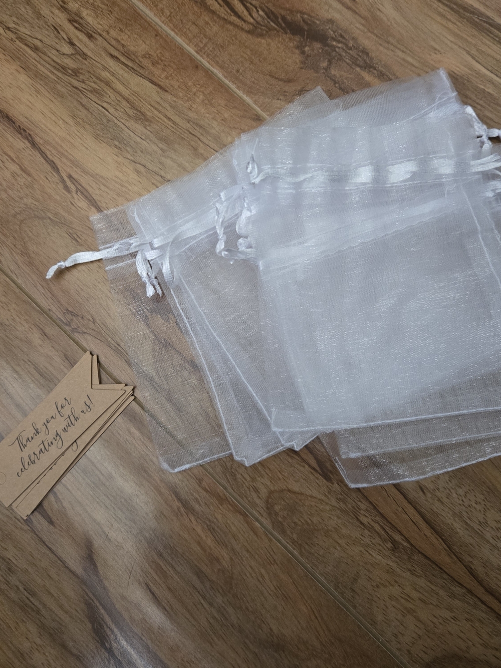 Sheer White Organza Drawstring Favor Bags W/ Tags- Set